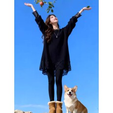 批发蕾丝拼接黑色<b class='q'>打底衫</b>女2025秋冬新款时尚气质显瘦中长款内搭上衣潮
