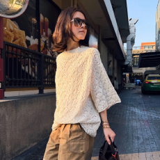 批发复古钩花镂空五分<b class='q'>袖</b>针织衫女夏季2026新款松弛感休闲宽松T恤<b class='q'>上衣</b>