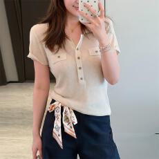 批发法式复古老钱风polo领短袖T恤女夏季新款修身显瘦气质上衣