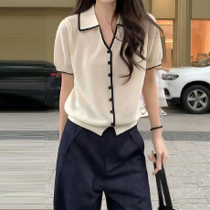 批发2026夏季薄款撞色翻领短袖<b class='q'>针织</b><b class='q'>开衫</b>女单排扣正肩显瘦气质毛衣上衣