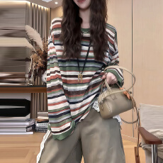 批发时尚防晒罩衫撞色条纹<b class='q'>长袖</b><b class='q'>t</b><b class='q'>恤</b>女夏季胖mm宽松显瘦内搭超好看上衣