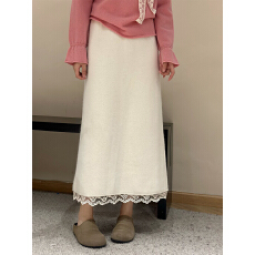 批发韩系时尚蕾丝花边下摆针织包臀半身裙秋冬新款纯色百搭直筒中<b class='q'>长裙</b>