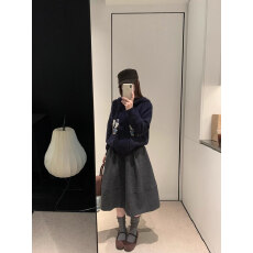 批发灰色星空纹毛呢<b class='q'>中长款</b>花苞裙高级感韩系呢料半身裙miu系显瘦a字裙