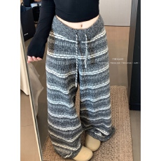 批发慵懒撞色条纹抽绳针织<b class='q'>休闲</b>裤女秋季高腰直筒裤子百搭阔腿拖地长裤