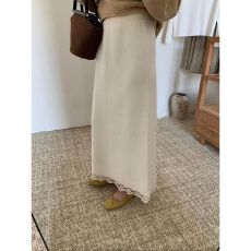 批发甜美花边蕾丝下摆加厚针织直筒半身裙秋冬新款百搭垂感高腰中<b class='q'>长裙</b>