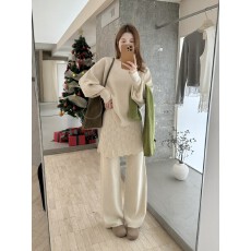 批发韩系百搭显瘦长袖简约针织衫+拼接裙帘针织高腰休闲裤套装女秋冬
