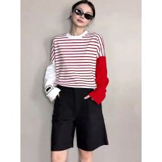 批发已出货◆红色不对称条纹拼接长袖<b class='q'>T</b><b class='q'>恤</b>女秋冬撞色宽松休闲圆领上衣