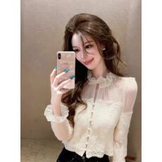 批发已出货◆法式纯欲辣妹蕾丝打底衬衫女设计感网纱拼接修身<b class='q'>长袖</b>上衣