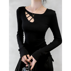 批发秋冬甜辣妹不规则镂空黑色打底衫女内搭修身正肩长袖t恤绝美<b class='q'>上衣</b>