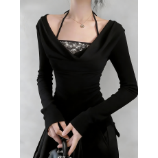 批发春秋性感挂脖荡领露锁骨<b class='q'>亮片</b>假两件打底衫女士内搭显瘦上衣设计感