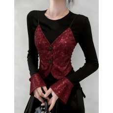 批发别致甜辣妹撞色拼接假两件打底衫女内搭早春<b class='q'>亮片</b>长袖<b class='q'>t</b><b class='q'>恤</b>修身上衣