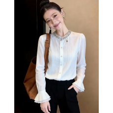 批发法式气质重工镶钻白色<b class='q'>衬衫</b>女设计感秋冬独特漂亮修身喇叭<b class='q'>长袖</b>上衣