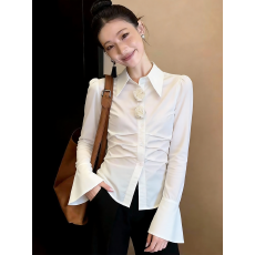 批发法式白色立体花朵<b class='q'>长袖</b><b class='q'>衬衫</b>女春季修身显瘦气质打底<b class='q'>衬衣</b>设计感上衣