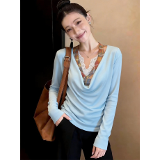 批发春季美式复古<b class='q'>v领</b>格子长袖打底衫女内搭高级感独特绝美巨好看上衣