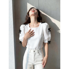 批发春夏季法式白色蝴蝶结泡泡短袖衬衫女设计感小众别致漂亮通勤上衣