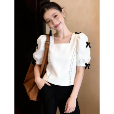 批发春夏季法式白色蝴蝶结泡泡短袖衬衫女设计感小众别致漂亮通勤上衣