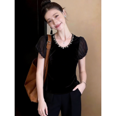 批发春季法式复古泡泡袖显瘦短袖t恤女<b class='q'>网纱</b>丝绒设计感小众泡泡袖上衣