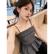 批发夏季复古甜辣妹格纹鱼骨抹胸小吊带背心女设计感收腰显瘦<b class='q'>无袖</b>上衣