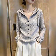 批发秋季新款时尚韩版显瘦百搭气质蕾丝连帽单排扣高档长袖外套