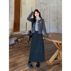 批发实拍大码胖mm秋<b class='q'>冬</b>新款假两件翻领设计感针织上衣韩系简约半裙套装