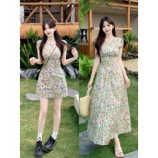 批发实拍大码胖mm莫奈花信短袖碎花连衣裙女春夏圆领长短款显瘦收腰裙