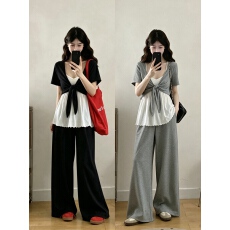 批发<b class='q'>大码</b>慵懒风舒适短袖开衫+吊带背心+休闲直筒阔腿裤显瘦三件套套装