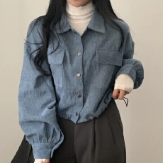批发已出货 韩国chic简约翻领短款抽绳长袖<b class='q'>衬衫</b>上衣灯芯绒宽松外套