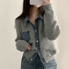 批发已出货 韩国chic 高档毛<b class='q'>衣外套</b>复古牛仔拼接毛衣上衣短