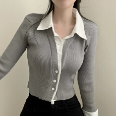 批发已出货  韩国chic<b class='q'>假两件</b><b class='q'>衬衫</b>女早秋纯欲甜辣妹性感短款上衣<b class='q'>衬衣</b>