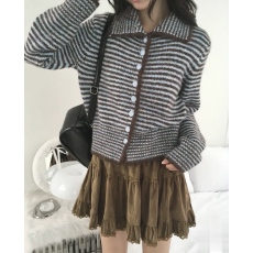 批发已出货 韩国chic针织<b class='q'>开衫</b>柔软粗织<b class='q'>条纹</b>撞色翻立领毛衣