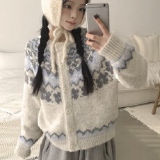 已出货 韩国chic宽松慵懒风圆领针织开衫女百搭费尔岛拼色开衫女