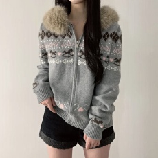 批发已出货 韩国chic费尔岛毛衣<b class='q'>外套</b>复古潮牌<b class='q'>情侣</b><b class='q'>大毛领</b>撞色针织衫