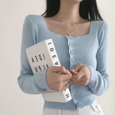 批发已出货 韩国chic方领短款收腰修身长袖<b class='q'>针织</b>衫女小个子<b class='q'>开衫</b>毛衣