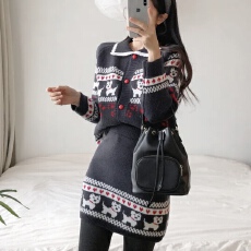 批发有货 韩国chic复古软糯费尔岛慵懒风针织衫毛衣<b class='q'>短</b>裙两件套装