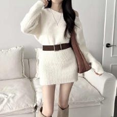 批发已出货 <b class='q'>韩国</b>chic氛围感斜肩长袖连衣裙收腰短裙包臀裙腰带