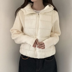 批发已出货 韩国chic轻薄针织毛衣袖拼接羽绒棉服短款假两件百搭外套