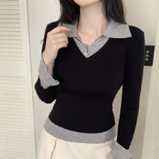 批发已出货 韩国chic翻领撞色长袖<b class='q'>针织衫</b>女显瘦气质百搭<b class='q'>打底衫</b>上衣