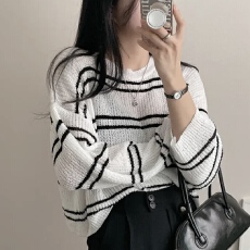 批发已出货 韩国chic长袖宽松百搭针织镂空短款空调罩衫条纹防晒上衣