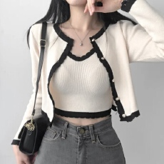 批发已出货 <b class='q'>韩国</b>chic设计感上衣撞色针织吊带开衫小香风外套两件套