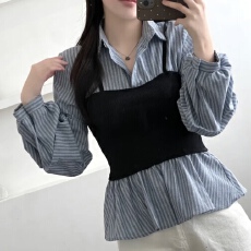 批发已出货 韩国chic条纹收腰显瘦长袖设计感上衣针织拼接<b class='q'>假两件</b><b class='q'>衬衫</b>