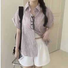 批发已出货 韩国chic复古撞色格子短袖翻领<b class='q'>衬衫</b>女