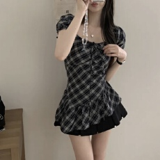 批发已出货 韩国chic方领<b class='q'>泡泡袖</b>格纹衬衫修身显瘦短袖上衣