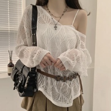 批发已出货 <b class='q'>韩国</b>chic菱格镂空薄款复古宽松设计感别致外搭<b class='q'>上衣</b>女