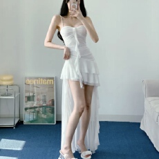 批发已出货 韩国chic纯欲<b class='q'>荷叶边</b>拼接吊带<b class='q'>连衣裙</b>修身显瘦不规则短裙