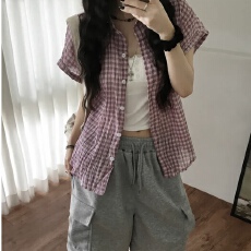 批发已出货 韩国chic设计感小众减龄上衣格子短袖卷袖翻领<b class='q'>衬衫</b>
