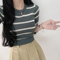 批发已出货 韩国chic撞色条纹针织T恤短款<b class='q'>打底衫</b><b class='q'>修身</b>显瘦气质短袖上衣