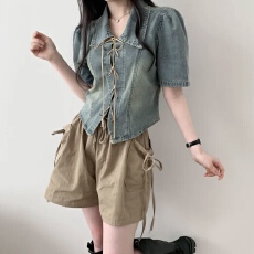 批发已出货 <b class='q'>韩国</b>chic设计感高端小众系带修身显瘦复古<b class='q'>牛仔</b>短袖
