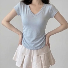批发已出货 韩国chic设计感褶皱收腰<b class='q'>V领</b>正肩短袖<b class='q'>T</b><b class='q'>恤</b>
