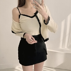 批发有货 韩国chic设计感上衣撞色短款针织吊带<b class='q'>开衫</b>小香风外套两件套