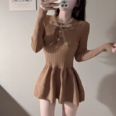 批发货多多 <b class='q'>韩国</b>chic学院风polo领蝴蝶结修身针织花苞上衣<b class='q'>连衣裙</b>